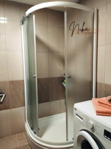eine Dusche im Bad mit einer Waschmaschine in der Unterkunft Apartman Nika in Kragujevac