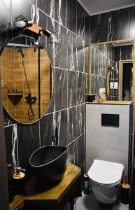 W łazience znajduje się umywalka, toaleta i lustro. w obiekcie Apartament Pruski Mur w Poznaniu