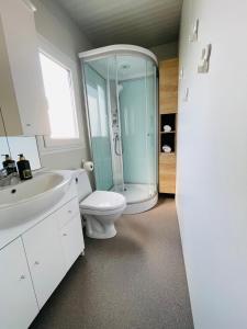 uma casa de banho com um WC e uma cabina de duche em vidro. em Mobile Home Laura, Privlaka em Privlaka