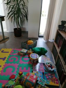 a room with toys and books on the floor at Het Preshoekhuis in Lauwe