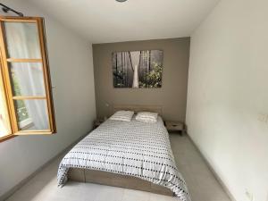 a bed in a room with a mirror on the wall at Gîte de la Mairie des Gorges de Daluis in Daluis