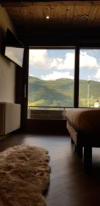 a bedroom with a large window with a bed and a rug at Best House in Bormio