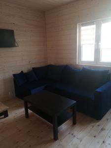 salon z niebieską kanapą i stołem w obiekcie Nadmorska Sarbinowo w Sarbinowie