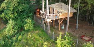 una vista aérea de una casa en un bosque en Treehouse U rybníka, en Osečná