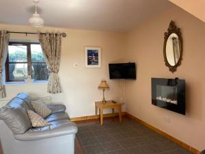 a living room with a couch and a tv at Coningbeg Cottage in Kilmore Quay