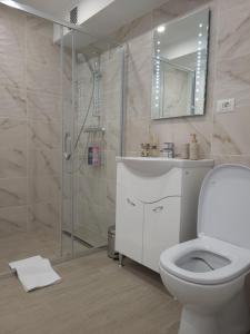a bathroom with a shower and a toilet and a sink at Pandora Central Apartment in Cluj-Napoca +9 photos
