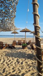 una playa con sillas y sombrillas en la arena en Cocon du lac Mobilhome 3 chambres,6 pers,camping mayotte 5 étoiles Biscarrosse landes, en Biscarrosse