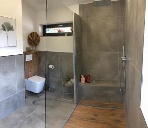 a bathroom with a shower and a toilet at Ferienhaus Waldbaden im Nationalpark Eifel- am Bach in Schleiden