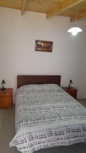 a bedroom with a bed with a comforter on it at Casa Sirius in San Pedro de Atacama