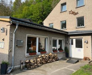 ターレにあるPension Sternschnuppe, Treseburg Harz, unmittelbar am Wasserの木山の建物