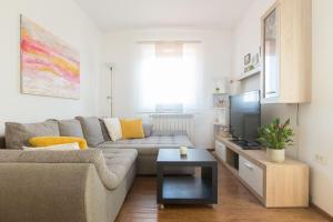a living room with a couch and a tv at Olive Hill Apartment in Portorož