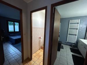 uma casa de banho com uma cabina de duche ao nível do chão e um espelho. em Marwan em Sargé Les Le Mans 