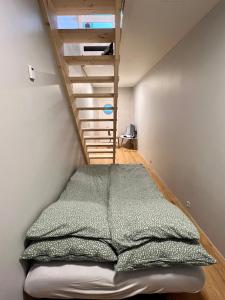 a bed in a room with a ladder at Pauli’s Boathouse in Vestmanna