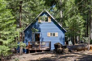 eine blaue Hütte im Wald mit Bäumen in der Unterkunft Cozy Cabin about 3 Mi to Big Trees State Park! in Arnold