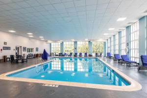 uma grande piscina com cadeiras azuis num grande edifício em Four Points by Sheraton York em York