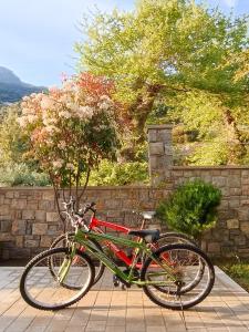 una bicicleta verde y roja estacionada junto a una pared de piedra en Seaside retreat house, en Paralía Sergoúlas