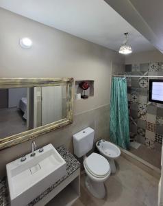 a bathroom with a sink and a toilet and a mirror at ACHALAY, Alquileres temporarios Catamarca. DPTOS CENTRICOS HERMOSOS in San Fernando del Valle de Catamarca