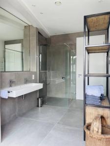 a bathroom with a sink and a glass shower at Penthouse im Herzen von Herborn in Herborn +8 photos