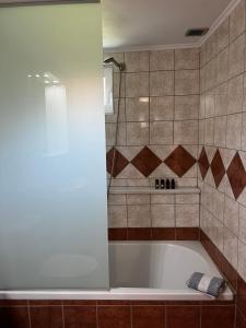 Anna's Apartments في نِكيانا: حوض استحمام في حمام مع دش