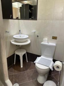 a bathroom with a white toilet and a sink at Argonaftes in Firostefani