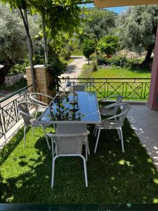 a glass table and chairs on the grass at Anna's Apartments in Nikiana