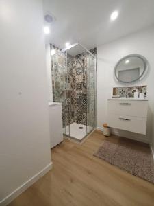 een badkamer met een douche, een wastafel en een spiegel bij Cocon Cosy in Clermont-Ferrand