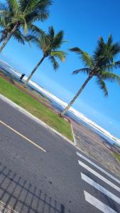 dos palmeras al lado de una carretera en Sol Mar Pousada en Praia Grande