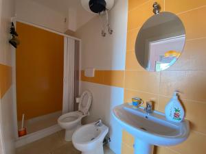 a bathroom with a sink and a toilet and a mirror at Lu Jentu in Torre Ovo