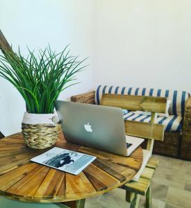 een laptop op een houten tafel met een potplant bij Casa Tradicional Algarvia in Lagoa