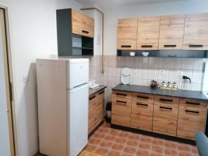 a kitchen with a white refrigerator and wooden cabinets at Apartman stan na dan B&B in Lukavica