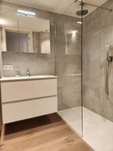 y baño con lavabo y ducha. en Appart Noah SeaFront en Knokke-Heist