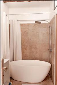 La salle de bains est pourvue d'une baignoire blanche et d'une douche. dans l'établissement Appartement type loft - 40m² Marais, à Paris