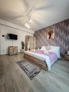 - une chambre avec un grand lit et une télévision à écran plat dans l'établissement Apartment Adelina, à Braşov