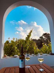 a bottle of wine sitting on a table with two glasses at Anevalousa Beach House in Moutsouna Naxos