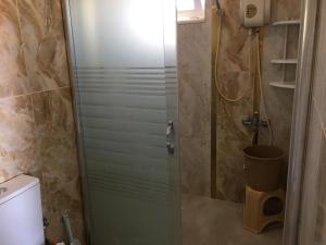 エルデクにあるSağlık Apart Pansiyonのバスルーム(ガラス張りのシャワー、トイレ付)