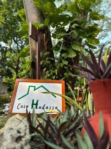 um sinal na frente de uma árvore com plantas em Casa Hadassa La Cañada em Palenque
