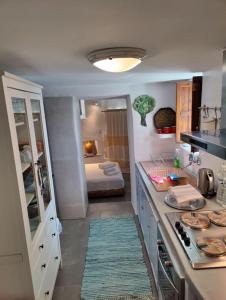 uma cozinha com um lavatório e uma cama num quarto em Naxos Galanado Casa Thea em Galanádhon