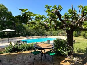 ヴィルクローズにあるSpacious holiday home with swimming poolのプールサイドの木の下にテーブルと椅子