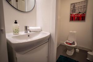 a bathroom with a sink and a mirror and a toilet at In Heart of Stavanger BnB with Billiard & Sauna in Stavanger