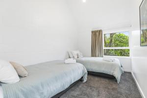 two beds in a white room with a window at Papawai Townhouse #11 in Rotorua