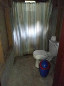 a bathroom with a toilet and a shower curtain at Mi rincón en la montaña. in La Ceiba
