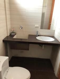 ein Badezimmer mit einem Waschbecken, einem WC und einem Spiegel in der Unterkunft Departamento en el centro histórico in Ayacucho