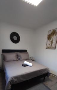 Schlafzimmer mit einem Bett und einem Spiegel an der Wand in der Unterkunft PAMATAI COSY LODGE in Faaa