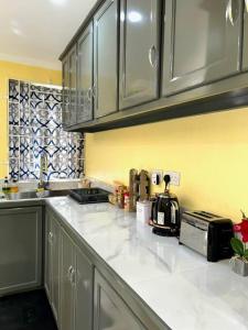 una cocina con encimeras y armarios de mármol blanco en Hidden Zen 108 with rental vehicle access, en Castries