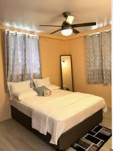 1 dormitorio con 1 cama y ventilador de techo en Hidden Zen 108 with rental vehicle access, en Castries