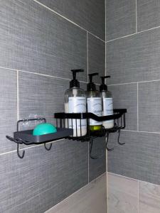 un estante en un baño con cuatro botellas de jabón en Hidden Zen 108 with rental vehicle access, en Castries