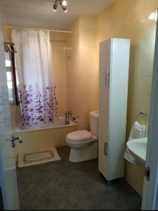 a bathroom with a toilet and a shower and a sink at El pisin de Claudia in Colombres