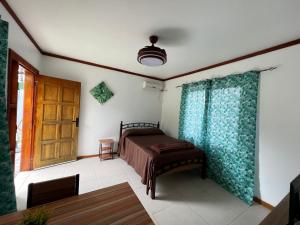 a bedroom with a bed and a wooden door at Pasifika Guesthouse in Nadi