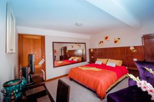 1 dormitorio con 1 cama grande y espejo en Huanuco Pampa Suite, en Huánuco