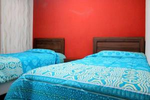 two beds in a room with red walls at Alojamientos San Sebastián Talca in Talca +6 photos